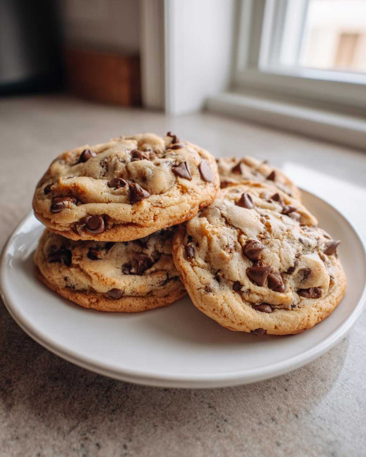 A stack of four soft, thick Cream Cheese Chocolate Chip Cookies piled on a white plate near a window.
