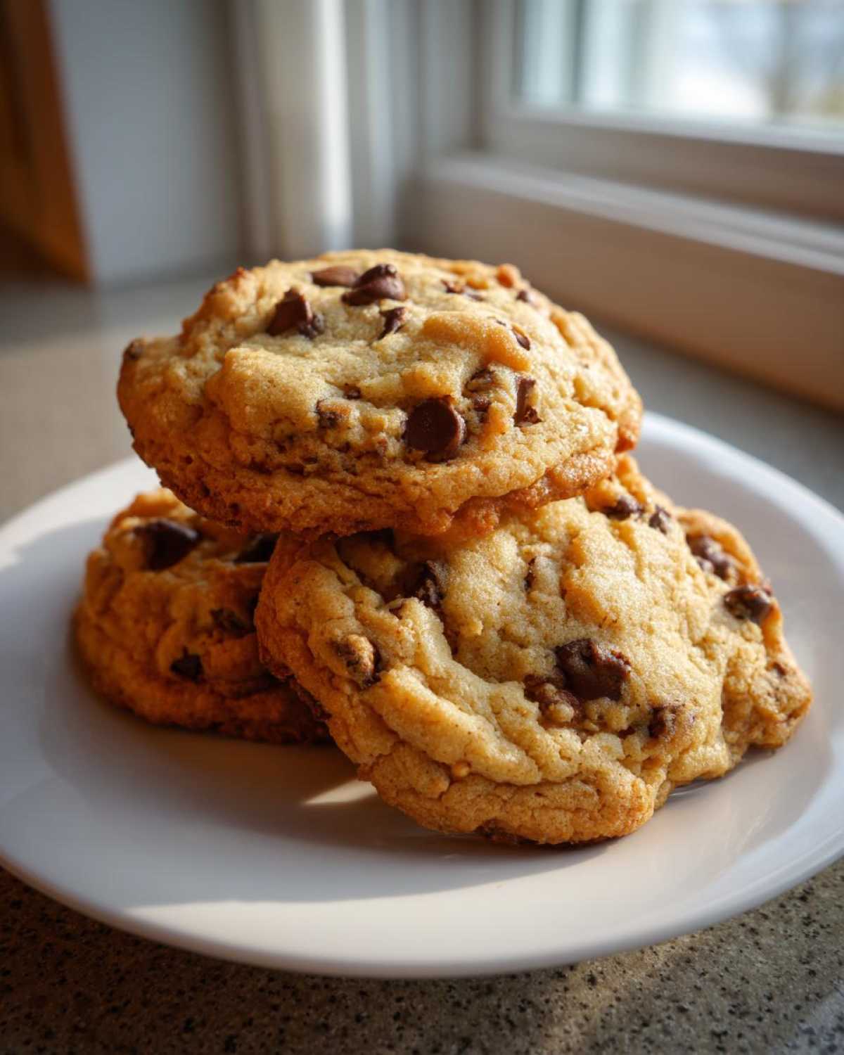 Three freshly baked Cream Cheese Chocolate Chip Cookies stacked on a white plate near a bright window.