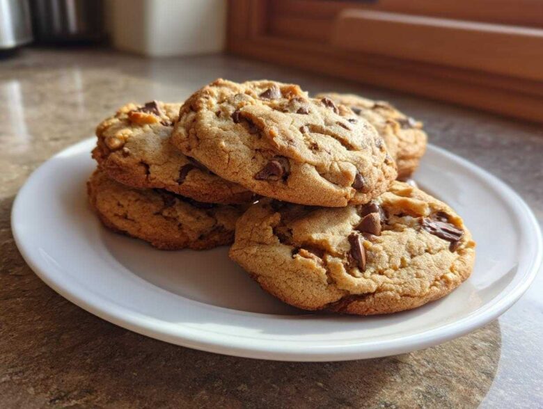 A stack of freshly baked Cream Cheese Chocolate Chip Cookies piled on a white plate.