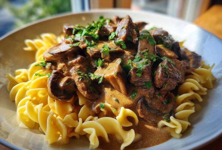 Close-up of a bowl of creamy Beef Stroganoff with tender beef chunks and mushrooms served over curly egg noodles, garnished with parsley.