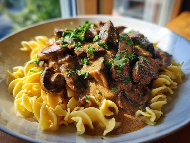 Close-up of a bowl of creamy Beef Stroganoff with tender beef chunks and mushrooms served over curly egg noodles, garnished with parsley.
