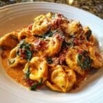 A close-up serving of rich Marry Me Tortellini coated in a creamy orange sauce with spinach and sun-dried tomatoes, topped with Parmesan.