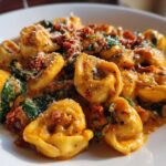 A close-up serving of rich, creamy Marry Me Tortellini mixed with spinach and sun-dried tomatoes, topped with Parmesan.