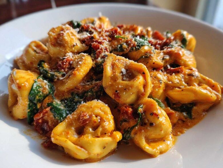 A close-up serving of rich, creamy Marry Me Tortellini mixed with spinach and sun-dried tomatoes, topped with Parmesan.