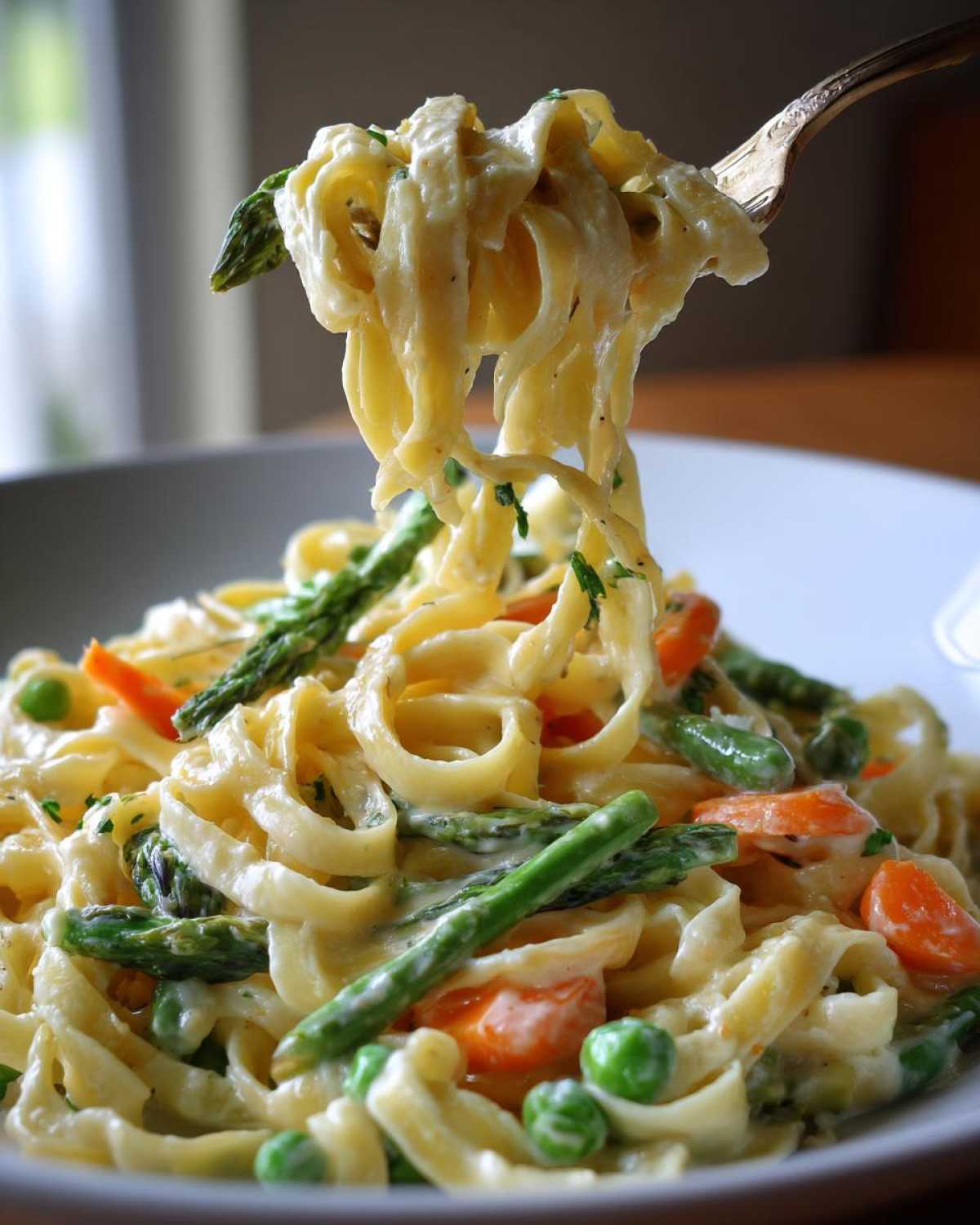A fork lifts creamy fettuccine noodles coated in sauce and mixed with asparagus, peas, and carrots from a plate of Pasta Primavera.