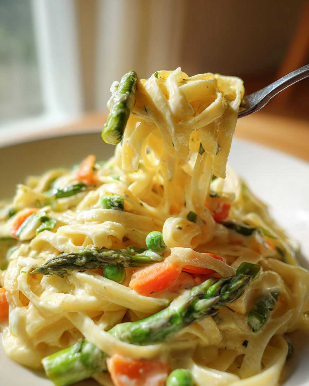 A fork lifting creamy Pasta Primavera noodles mixed with bright green asparagus spears and carrots.