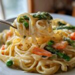 A fork lifting creamy Pasta Primavera noodles mixed with bright green asparagus and peas.