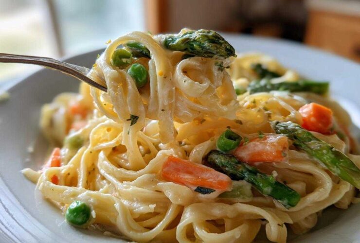 A fork lifting creamy Pasta Primavera noodles mixed with bright green asparagus and peas.
