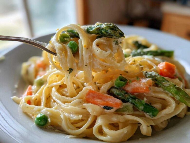 A fork lifting creamy Pasta Primavera noodles mixed with bright green asparagus and peas.