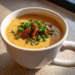 A close-up of rich, velvety Creamy Potato Soup served in a white mug, topped generously with crispy bacon bits and fresh green chives.