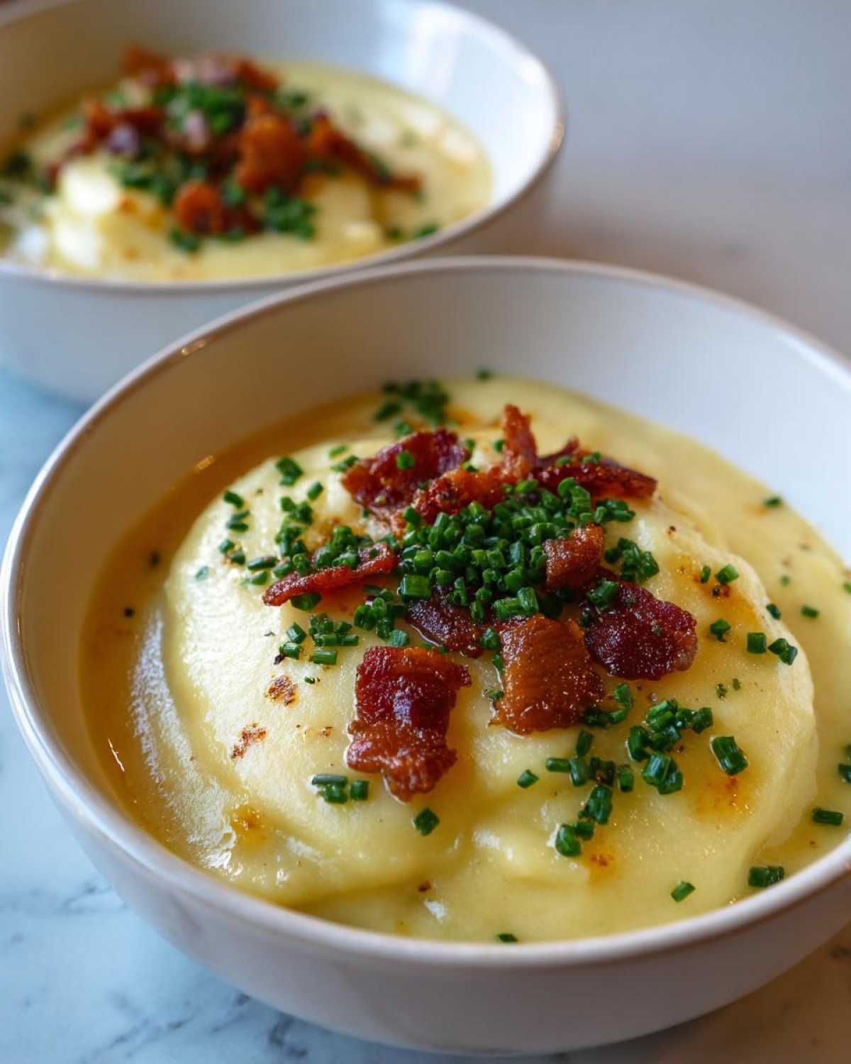Close-up of a bowl of thick, creamy potato soup topped generously with crispy bacon bits and fresh chives.