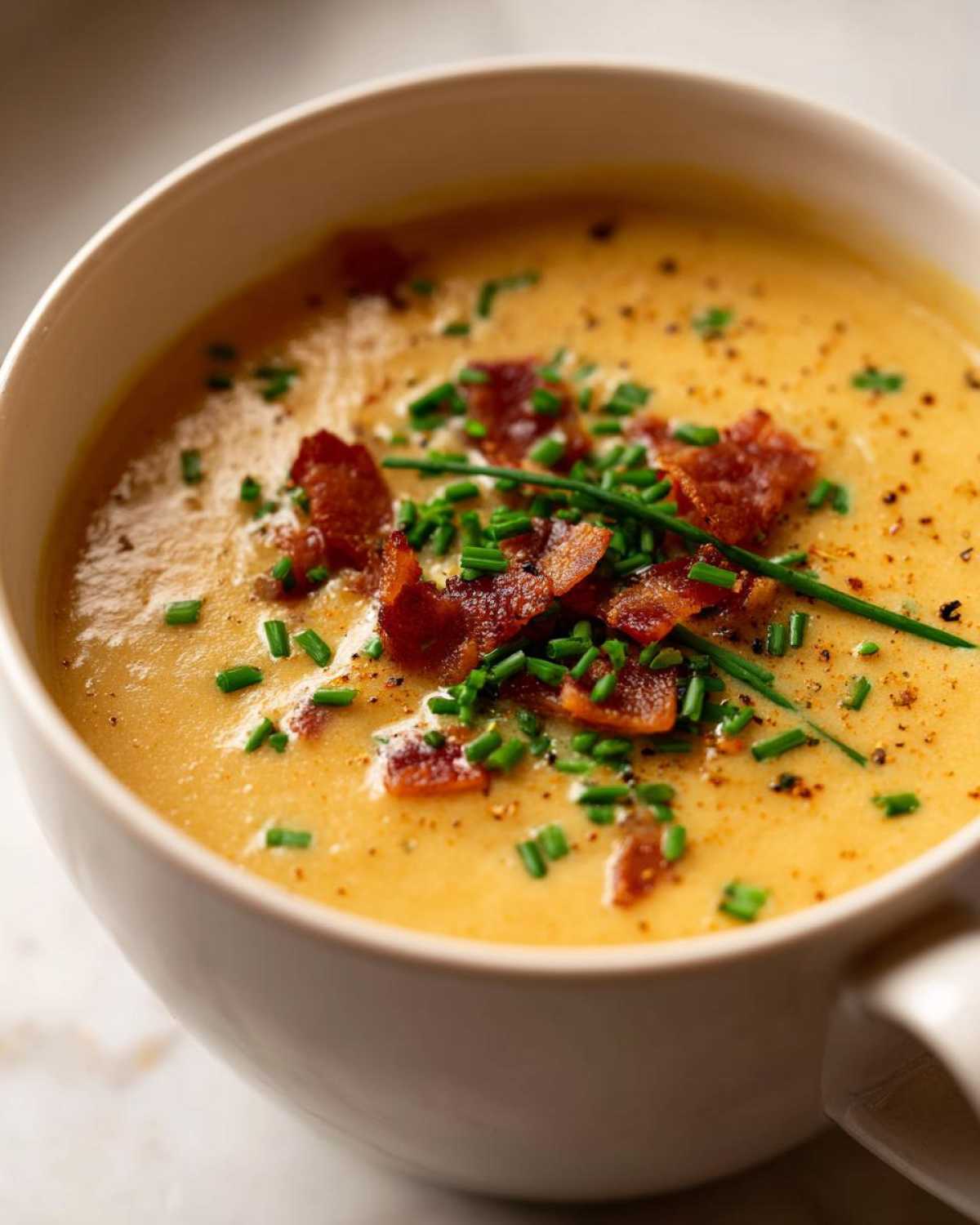 Close-up of a bowl of rich, yellow Creamy Potato Soup topped with crispy bacon bits and fresh chopped chives.