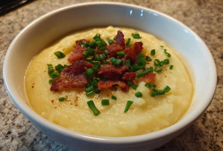 A bowl of thick, creamy potato soup topped generously with crispy bacon bits and fresh chopped chives.