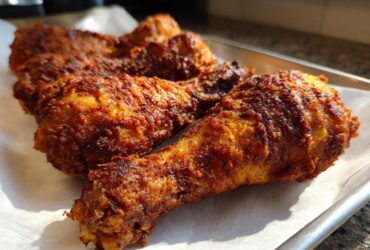 Close-up of several golden-brown, crispy Baked Chicken Legs resting on parchment paper on a metal tray.