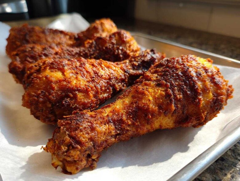 Close-up of several golden-brown, crispy Baked Chicken Legs resting on parchment paper on a metal tray.