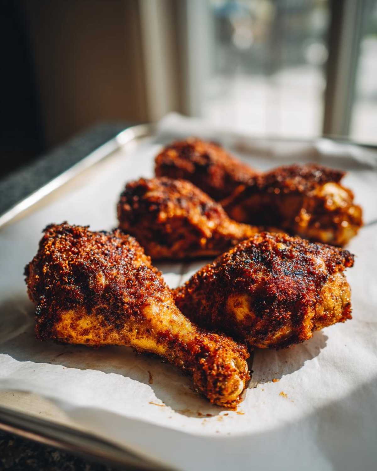 Four perfectly seasoned and crispy Baked Chicken Legs resting on parchment paper on a metal baking sheet.