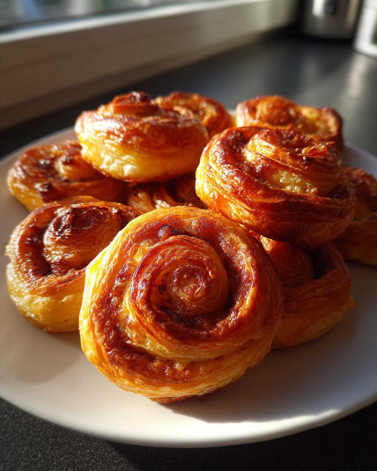Close-up of golden brown, flaky Crispy Sausage Roll-Ups piled on a white plate, catching the sunlight.