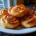 A stack of golden brown, flaky Crispy Sausage Roll-Ups glistening on a white plate.