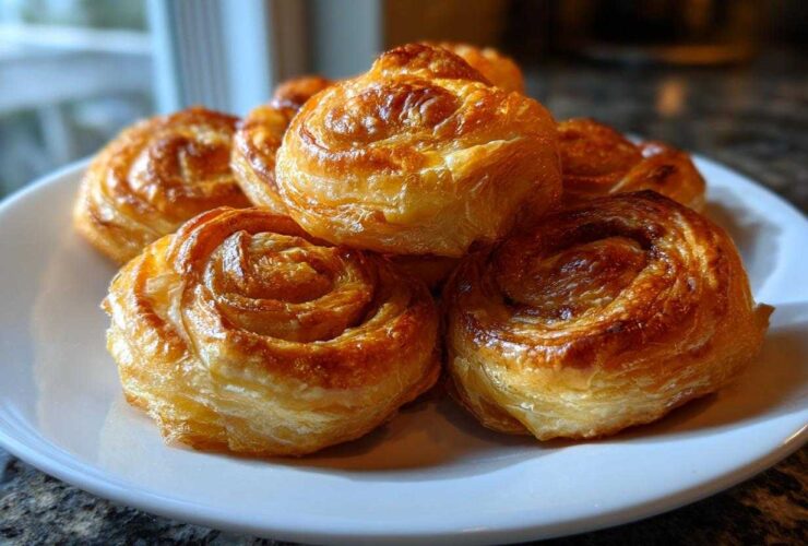 A stack of golden brown, flaky Crispy Sausage Roll-Ups glistening on a white plate.