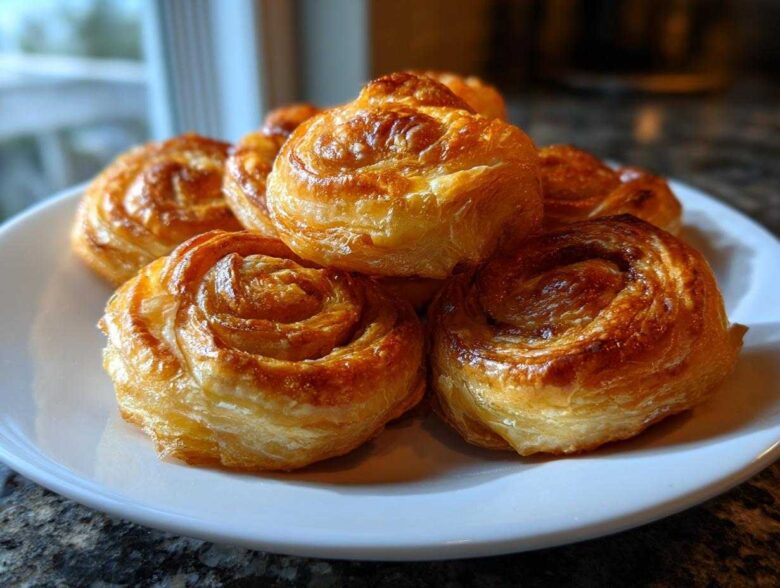 A stack of golden brown, flaky Crispy Sausage Roll-Ups glistening on a white plate.