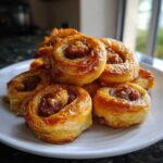 A close-up stack of golden brown, flaky Crispy Sausage Roll-Ups piled high on a white plate.