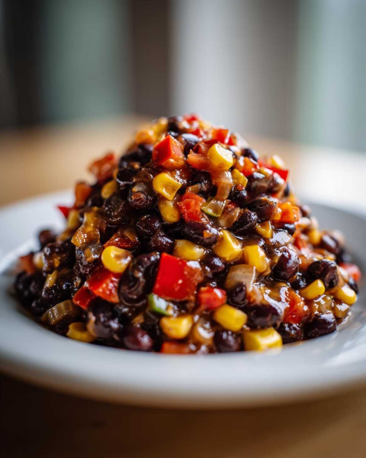 A mound of colorful Dense Bean Salad featuring black beans, corn, and diced red peppers on a white plate.