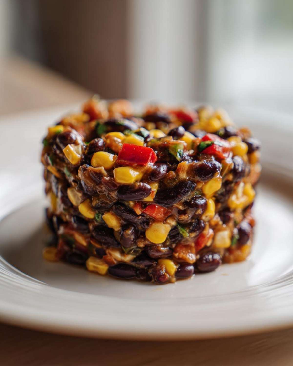 A cylindrical serving of Dense Bean Salad made with black beans, corn, and red peppers, presented on a white plate.