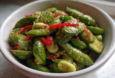 A close-up shot of a vibrant Edamame and Cucumber Salad tossed in a sesame dressing, featuring bright red pepper strips.