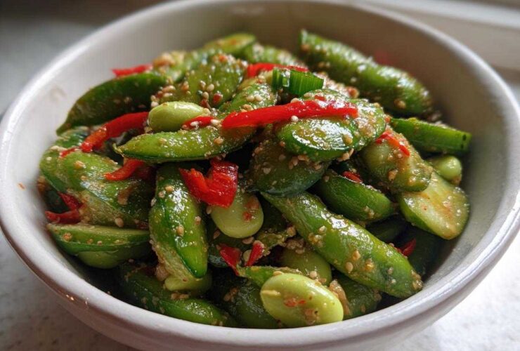 A close-up shot of a vibrant Edamame and Cucumber Salad tossed in a sesame dressing, featuring bright red pepper strips.