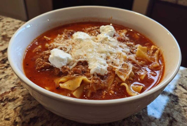 A close-up of a white bowl filled with rich, red Lasagna Soup, topped with ground meat, melted mozzarella, and dollops of ricotta cheese.