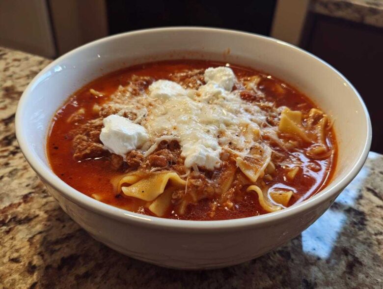 A close-up of a white bowl filled with rich, red Lasagna Soup, topped with ground meat, melted mozzarella, and dollops of ricotta cheese.