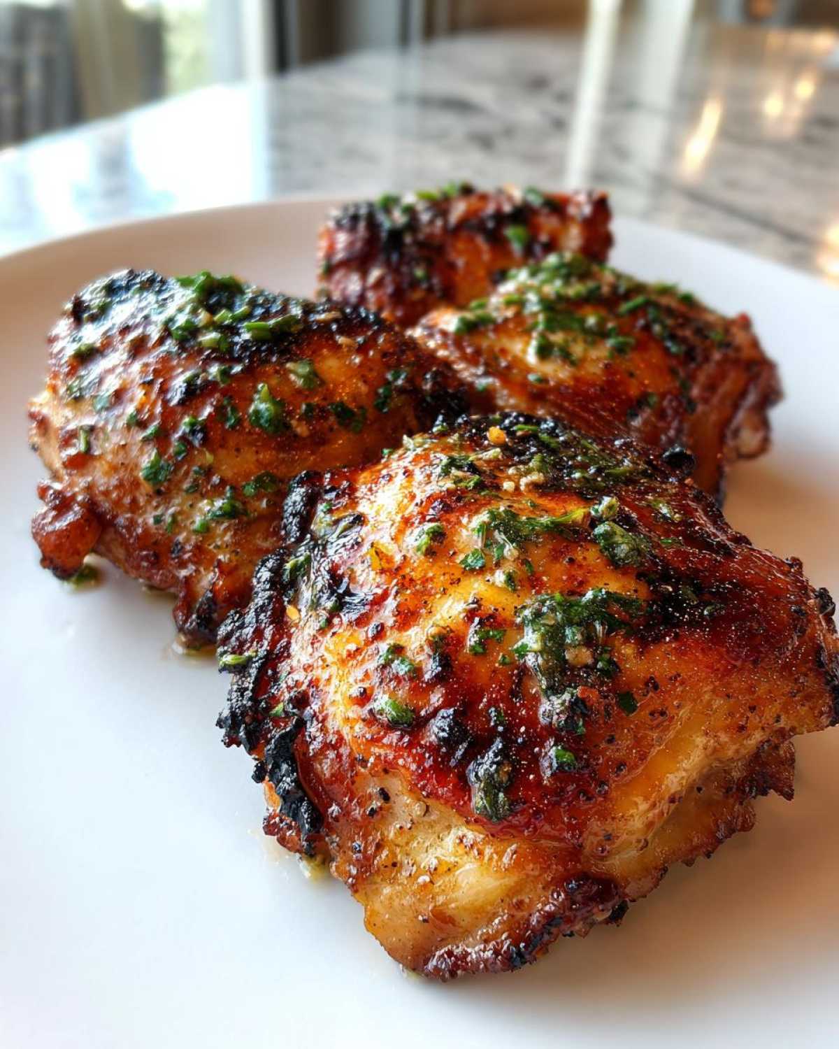 Four pieces of juicy, grilled Garlic Parmesan Grilled Chicken Thighs, glistening and topped with fresh herbs, served on a white plate.
