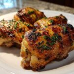 Four juicy, grilled Garlic Parmesan Chicken Thighs with charred skin and fresh parsley garnish on a white plate.