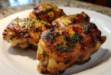 Four juicy, grilled Garlic Parmesan Chicken Thighs with charred skin and fresh parsley garnish on a white plate.