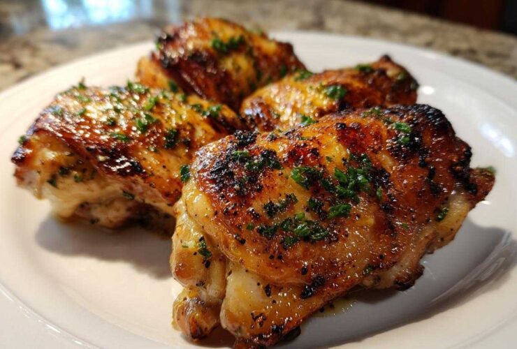 Four juicy, grilled Garlic Parmesan Chicken Thighs with charred skin and fresh parsley garnish on a white plate.