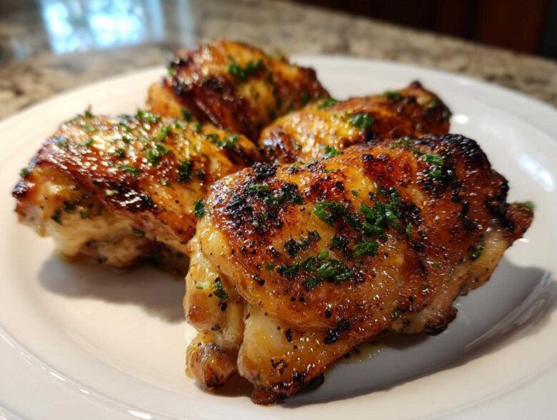 Four juicy, grilled Garlic Parmesan Chicken Thighs with charred skin and fresh parsley garnish on a white plate.
