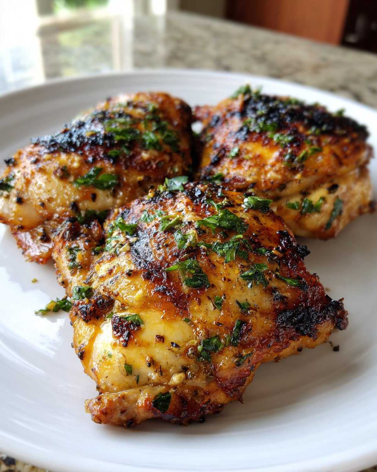 Three perfectly grilled Garlic Parmesan Grilled Chicken Thighs garnished with fresh parsley on a white plate.