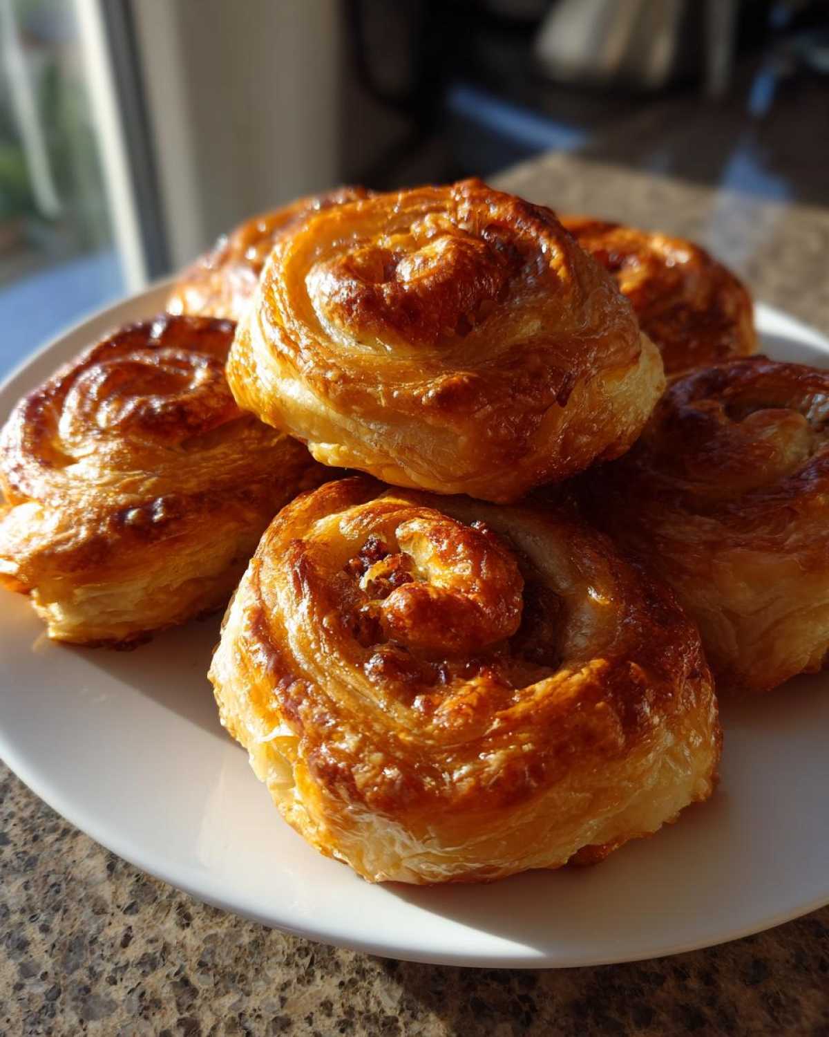 A stack of golden brown, flaky Crispy Sausage Roll-Ups glistening under sunlight on a white plate.