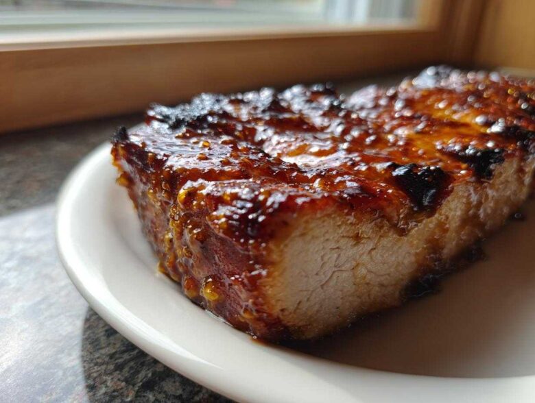 Close-up of a thick, juicy piece of Grilled Honey Mustard Chicken Breast with a caramelized, shiny glaze.