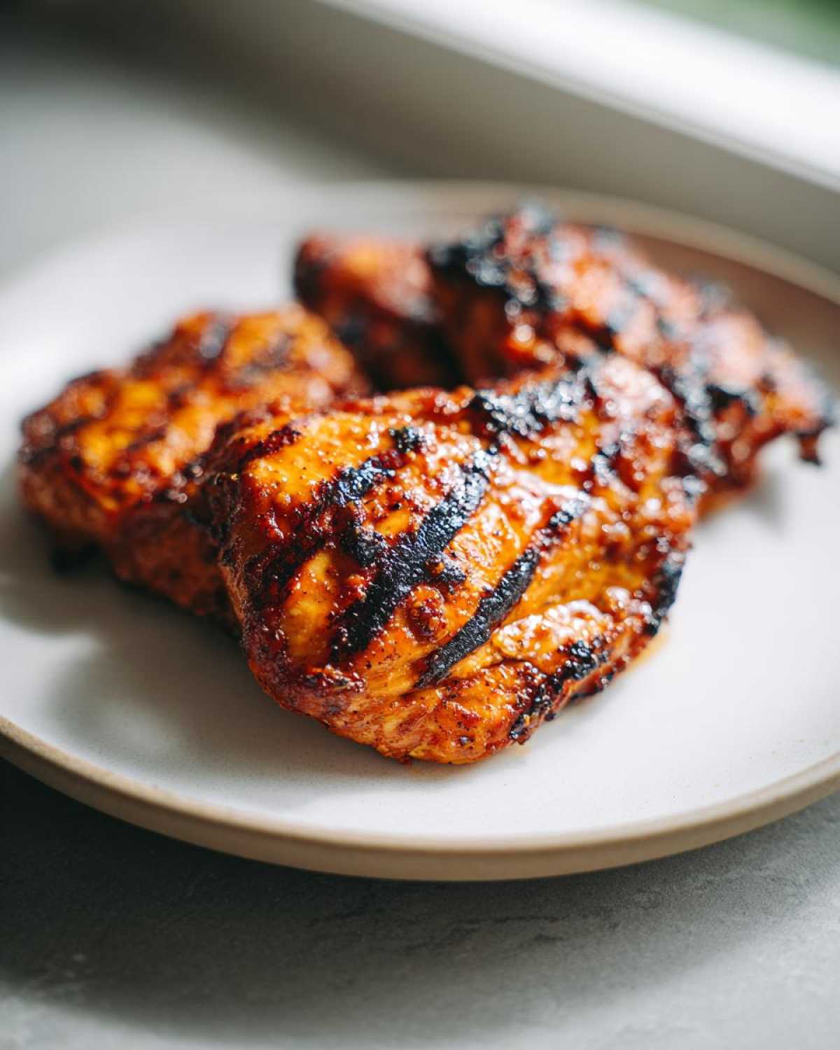Close-up of three pieces of glazed, charred Grilled Hot Honey Chicken resting on a light-colored plate.