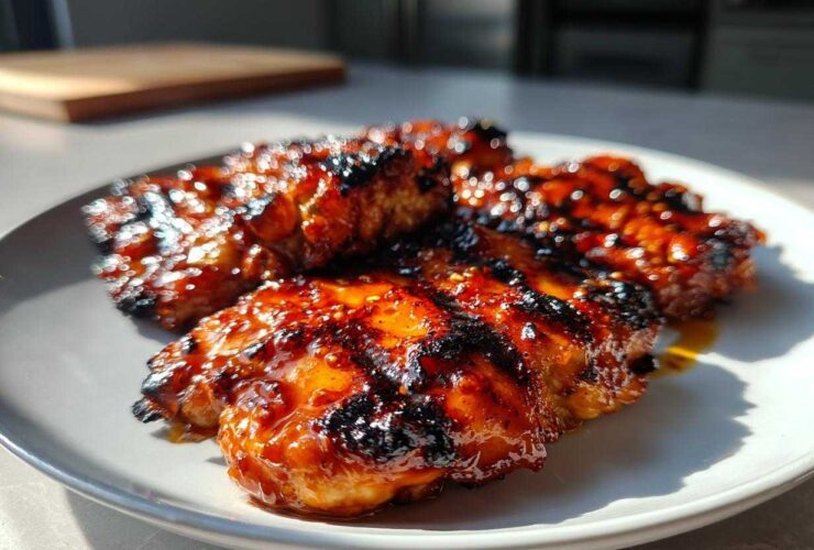Close-up of three pieces of perfectly caramelized Grilled Hot Honey Chicken with dark char marks on a light gray plate.