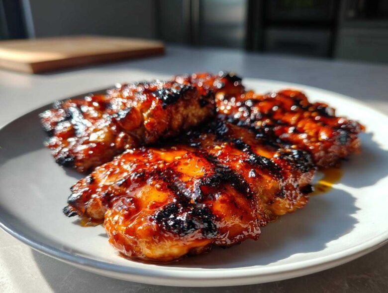 Close-up of three pieces of perfectly caramelized Grilled Hot Honey Chicken with dark char marks on a light gray plate.