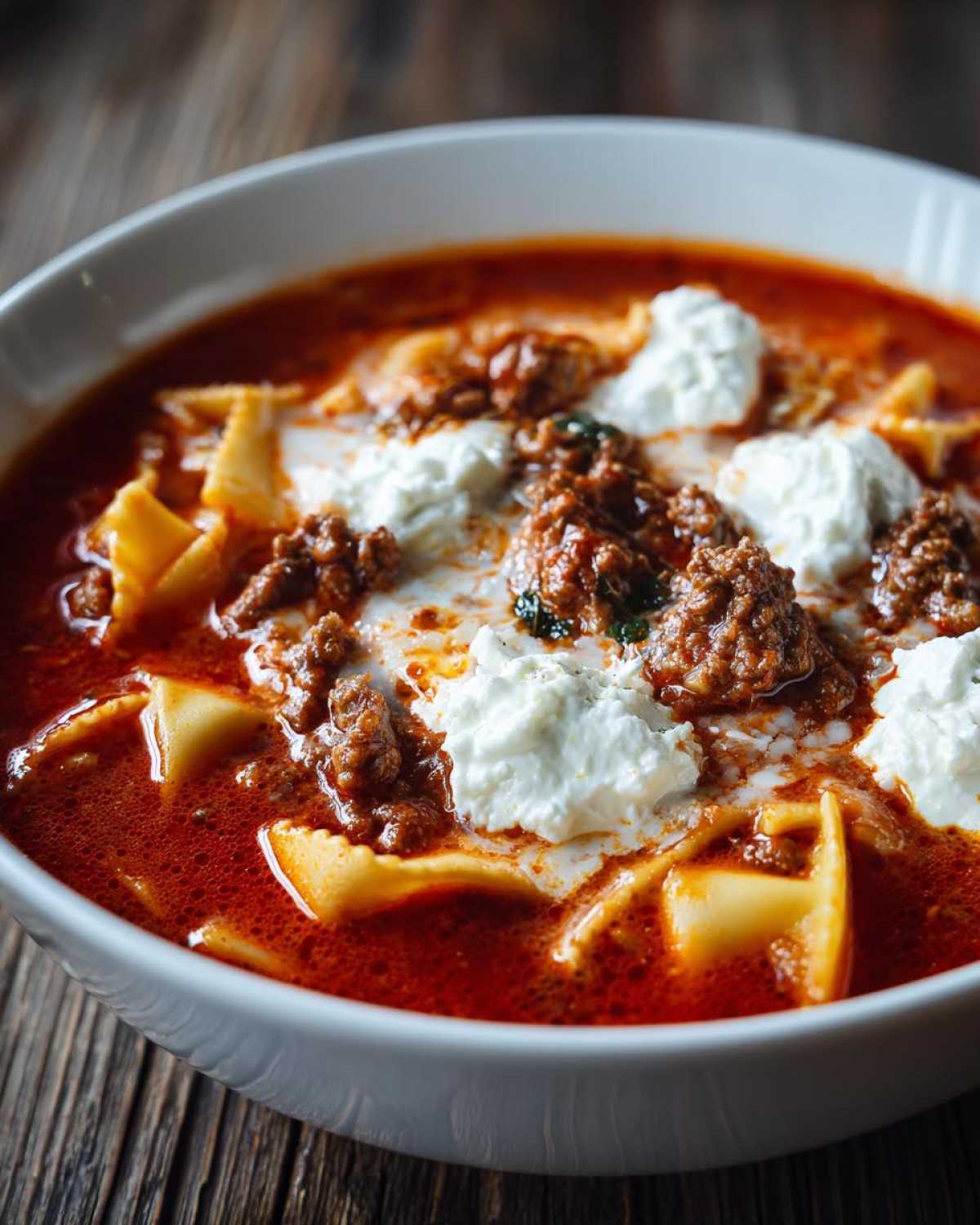 Close-up of a hearty bowl of Lasagna Soup featuring rich tomato broth, pasta pieces, meat sauce, and dollops of creamy ricotta cheese.