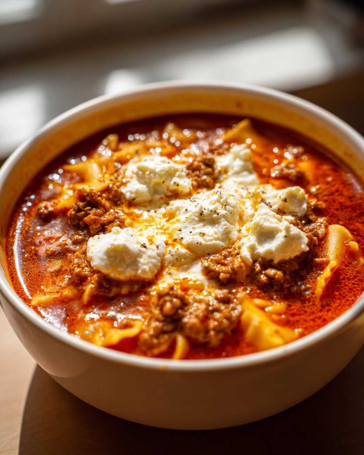 Close-up of a white bowl filled with vibrant red Lasagna Soup, topped with meat sauce and dollops of creamy ricotta cheese.
