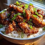 Close-up of a Honey BBQ Chicken Rice Bowl featuring crispy chicken coated in glossy sauce, topped with sesame seeds and green onions.