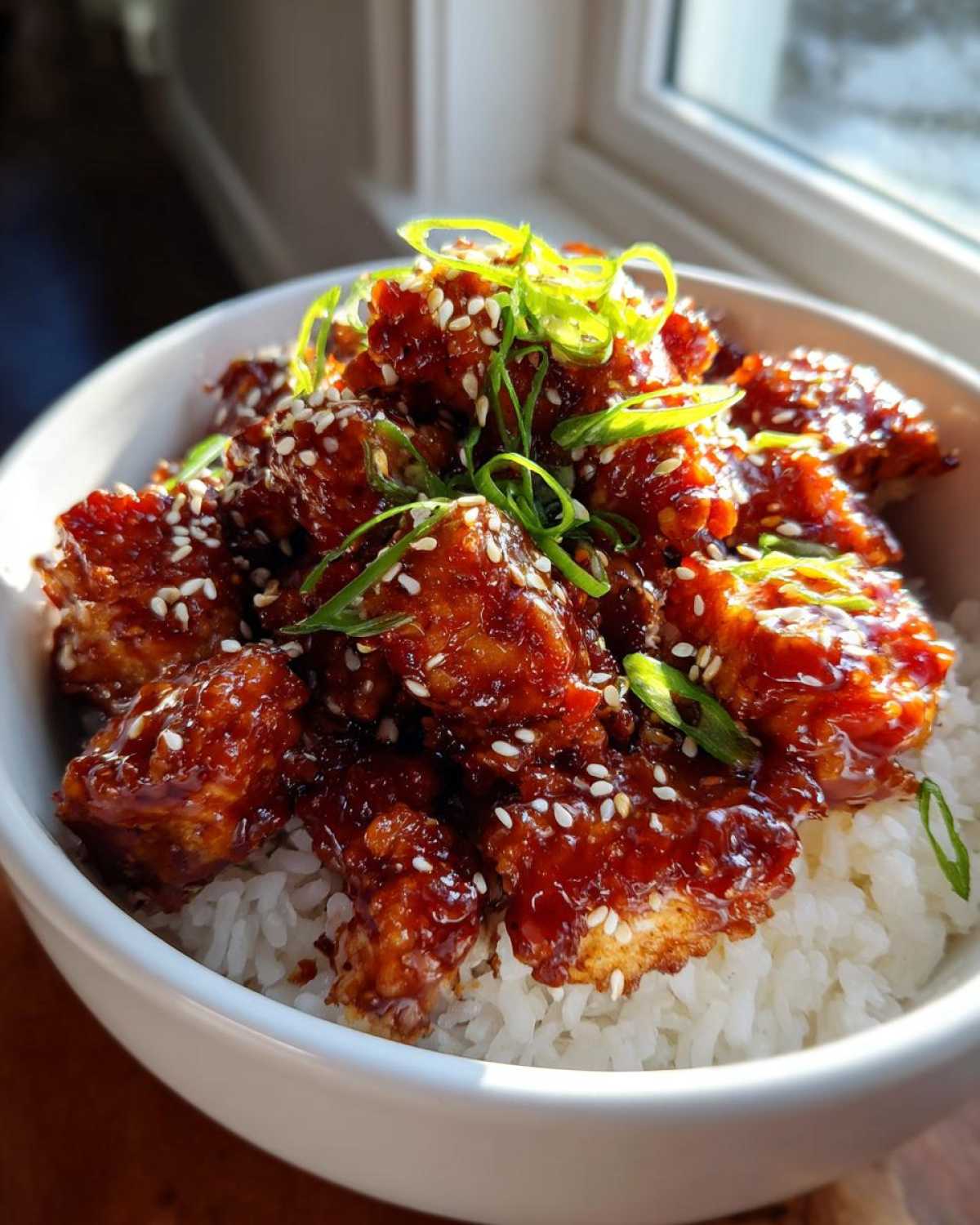 Close-up of a Honey BBQ Chicken Rice Bowl featuring sticky, glazed chicken pieces over white rice, topped with sesame seeds and green onions.