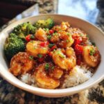 Close-up of Honey Garlic Shrimp Bowls featuring glazed shrimp over white rice with steamed broccoli and red pepper.