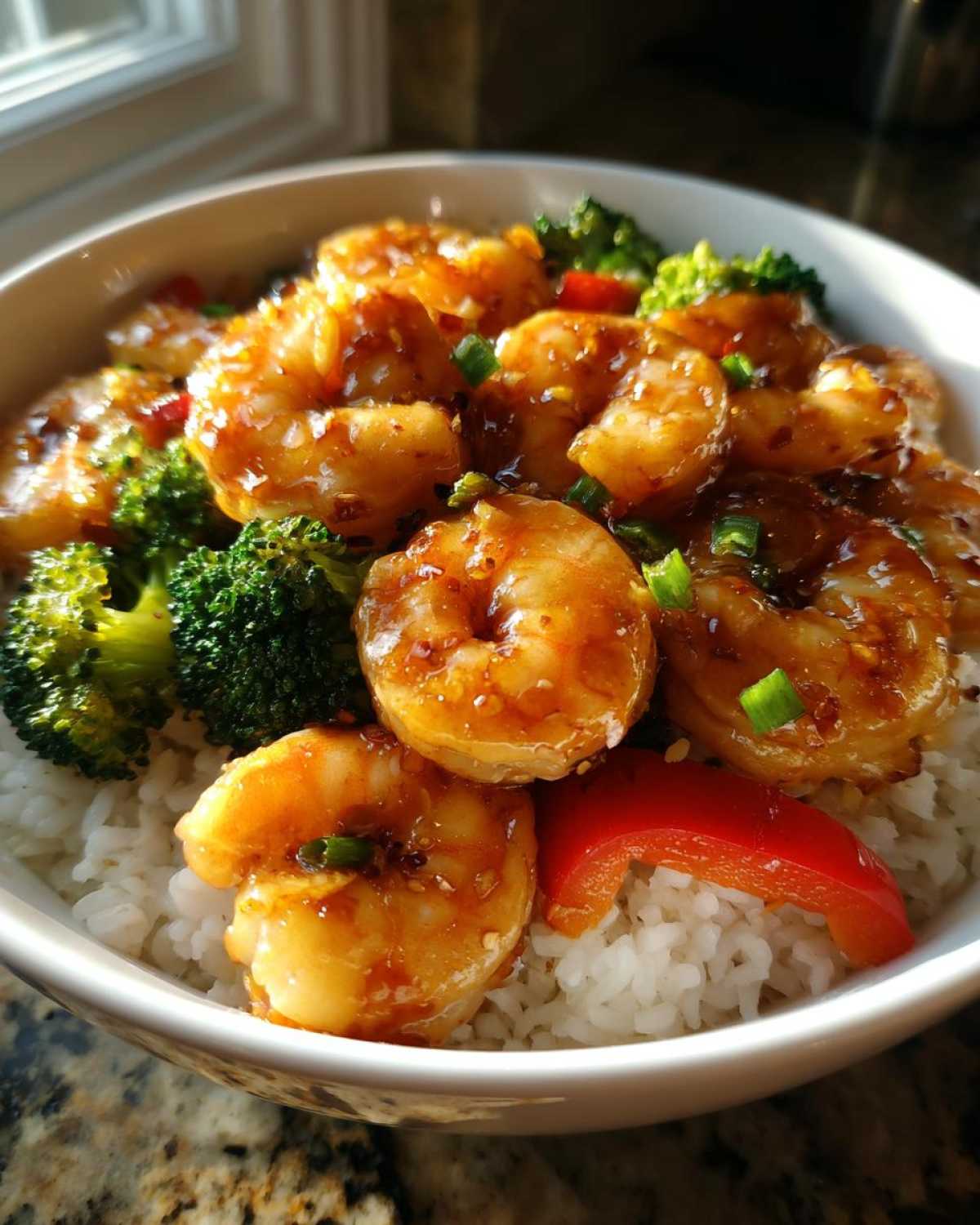 Close-up of Honey Garlic Shrimp Bowls featuring glazed shrimp, steamed white rice, bright green broccoli, and red bell pepper.