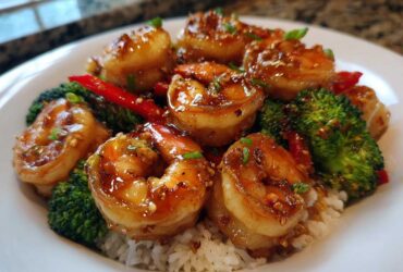 Close-up of Honey Garlic Shrimp Bowls featuring glazed shrimp, bright green broccoli, and red pepper slices over white rice.