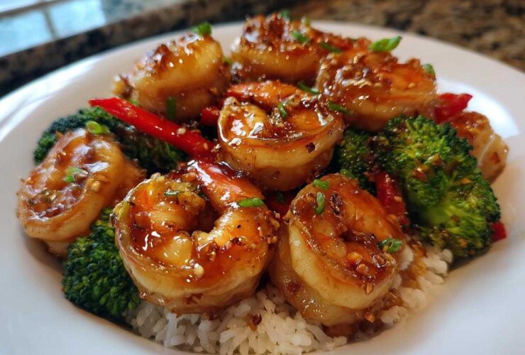 Close-up of Honey Garlic Shrimp Bowls featuring glazed shrimp, bright green broccoli, and red pepper slices over white rice.